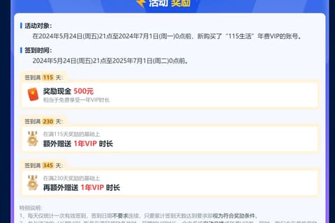 115 网盘 618 活动，签到最多可白嫖三年 VIP！
